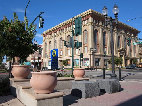 an image of some hardscaped concrete installations on a street corner in Vallejo, CA